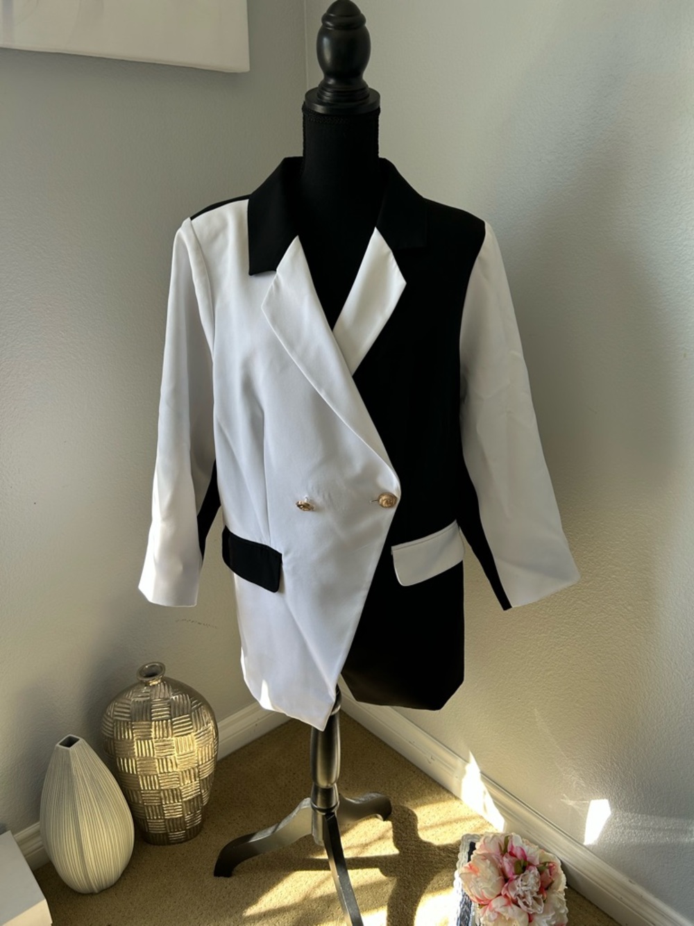 Contrast Black and White Double-Breasted Women's Blazer